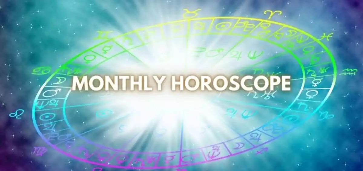 A zodiac wheel over some stars and the letters ''Monthly Horoscope''